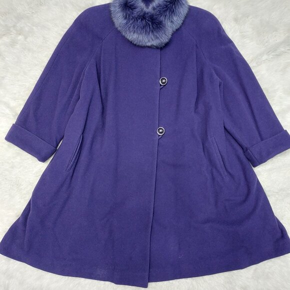 VTG Anna Collection Coat Women's Purple Australia Lamwool Blend Fox Fur Collar L - Picture 3 of 12